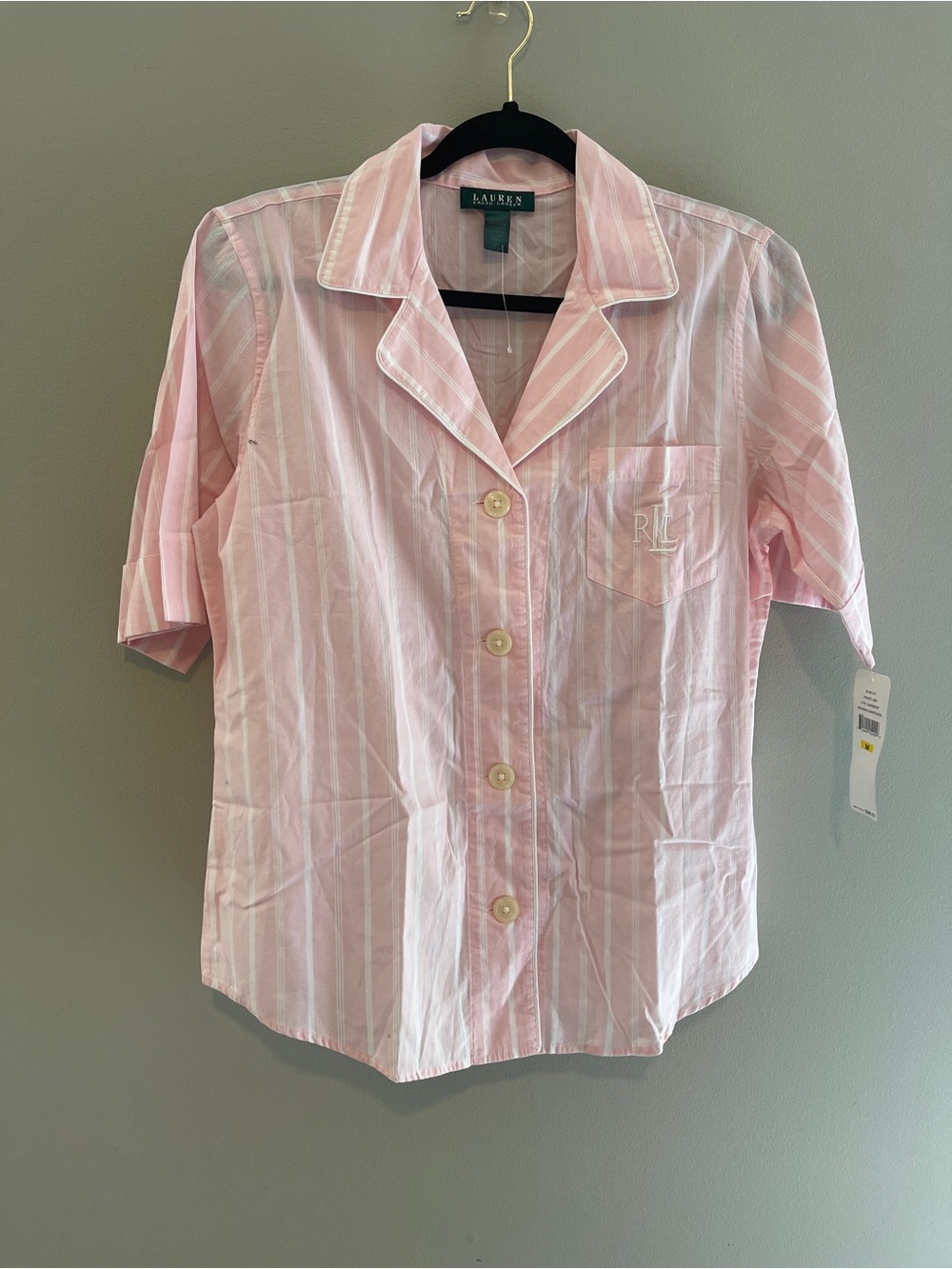 Lauren Ralph Lauren Pink White Striped Embroidered Sleep Pajama Top Medium NWT
